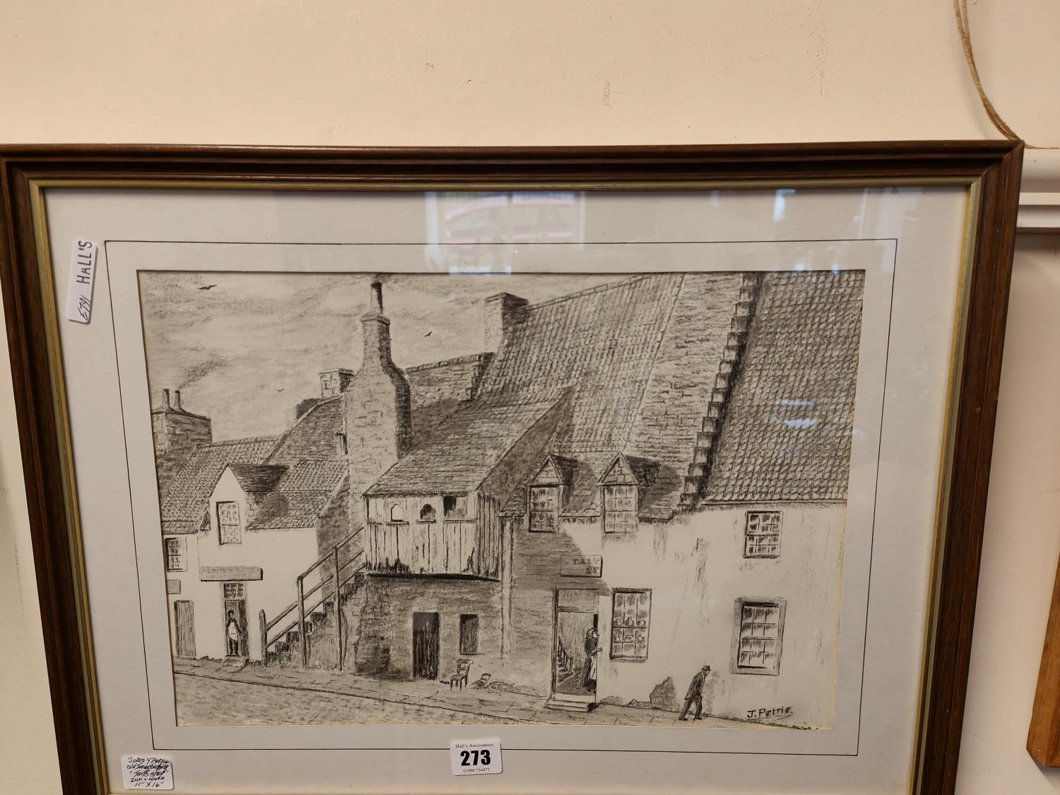 John Y Petrie, "Old Inverkeithing, Tait's Shop", ink wash, 11" x 16"