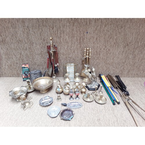 31 - Large selection of brass and silver plate items including candlesticks