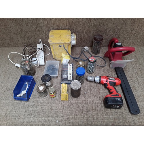 56 - Celection of tools and fixings including 110 volt transformer , power devil hedge trimmer and variou... 