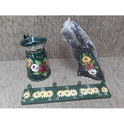 50 - Hand painted Kitchen knife set jug and towel hanger