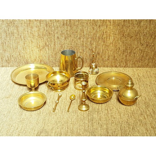 105 - box of mixed brass items including bell and candle sticks