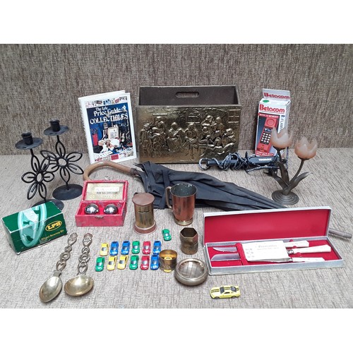 91 - Selection of collectables including brass magazine rack, vintage phone and umbrella