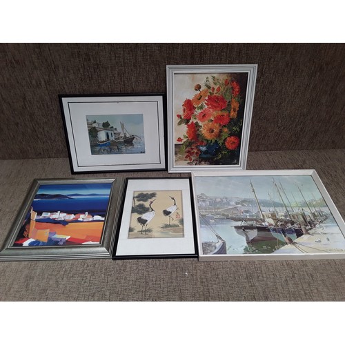 205 - Two framed oil paintings both signed and three framed prints