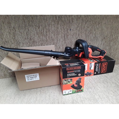 198 - Black and Decker Season master power handle, with leaf blower attachment, and strimmer attachment. N... 