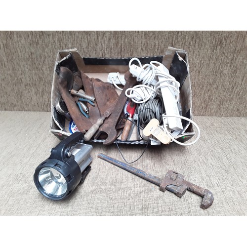 249 - Box of mixed tools, lamps and extention leads