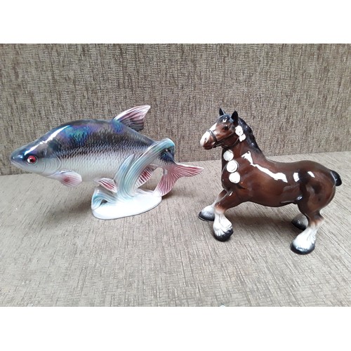 63 - Ceramic Shire horse and large ceramic Rainbow Trout