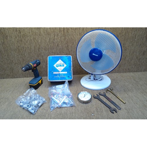 195 - Two bag's of Chrome plumbing pipe fittings, Desk fan and gas camping stove.
