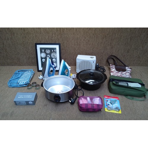 201 - Electricals including Micromark fan, slow cooker, Irons and a camping flask set.