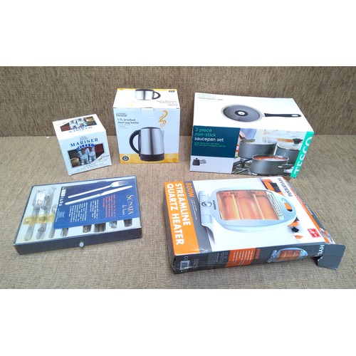 207 - Kitchen items and electricals including Saucepan set, New kettle and Sonata De Lux 24 piece cutlery ... 
