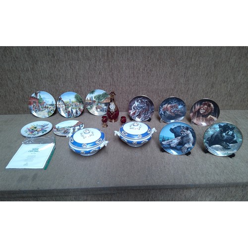 165 - 9 Collectable decorative plates including Royal Doulton, Two Lincoln Pottery Tureens, and cranberry ... 