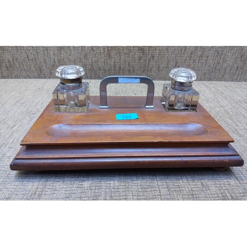 753 - Antique desk top wooden inkwell stand with Two glass pots.