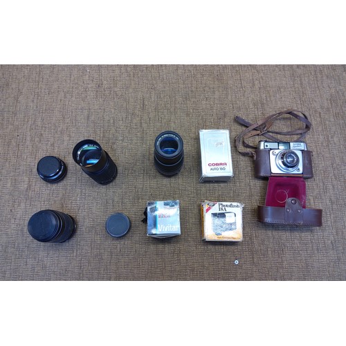 759 - Collection of Cameras and lenses including Sigma 200mm lens and Ilford sportsman camera.