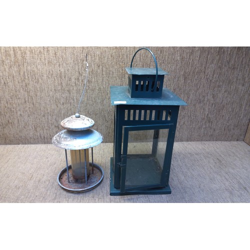 193 - Metal and glass lantern holder and metal bird feeder.