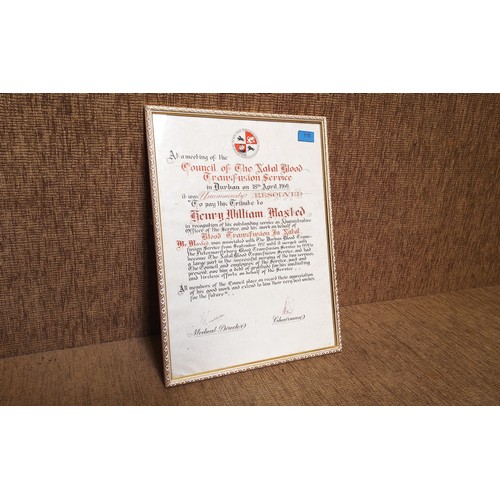 775 - Vintage Natal Blood transfusion service Merit Certificate.