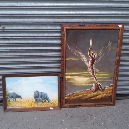 186A - Oil on canvas painting of herding bulls signed B. Lieversz and a painting on silk. signed Jenchez.