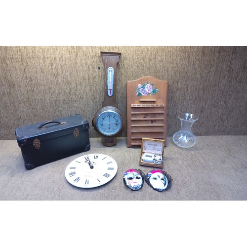 502 - Mixed vintage lot to include a Barometer, leather case, vase and a clock.