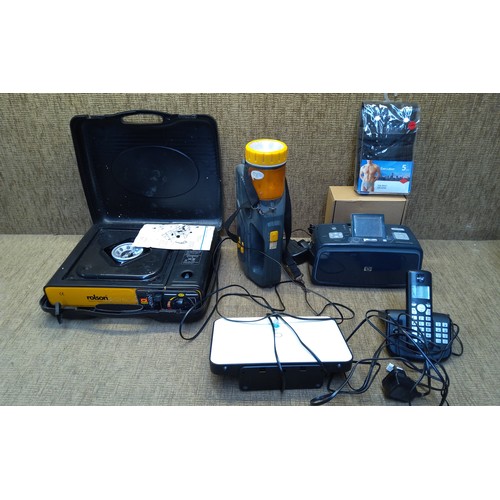 504 - Selection of electrical items including HP Photos Photosmart  A618 printer and Rolson camping stove.