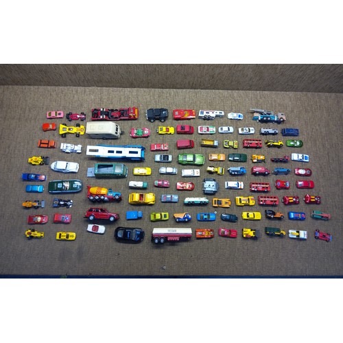 255 - Wooden Box with a large quantity of vintage play worn die-cast cars.