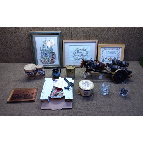 274 - Mixed items including a shire horse and cart, Jack Daniels glasses, a German carriage clock and thre... 