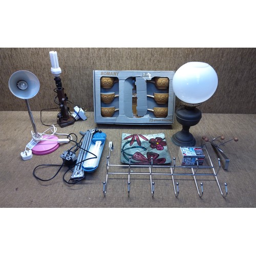 277 - Mixed items including a brass paraffin lamp, a Romany 12 piece soup set and a treen lamp.