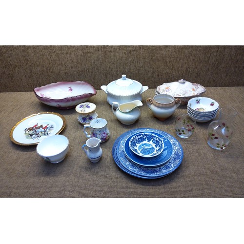 278 - Mixed collectable ceramics including Newhall and a painted glass decanter and glass.