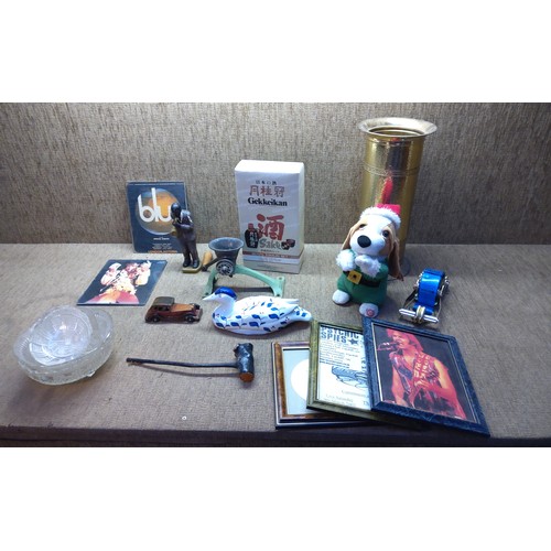 291 - Mixed Vintage item's including a brass umbrella stand a Chinese Genzo Tokkuri set and meat mincer.