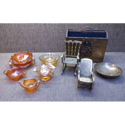299 - Collectable carnival glass bowls/dishes and solid brass chairs and letter rack.