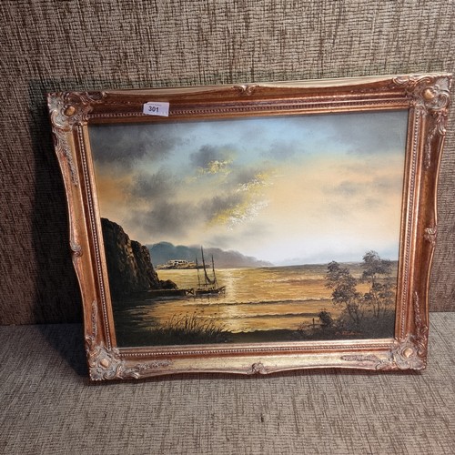 301 - Signed oil on canvas painting of a shore line. 58cm x 48cm.