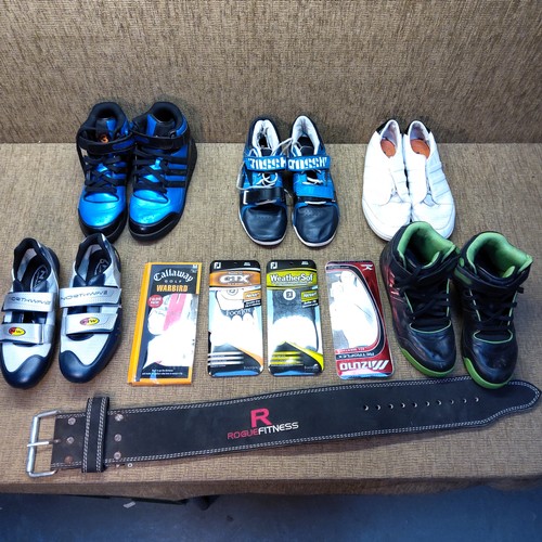 308 - Golf and boxing items including gloves and four pairs of trainers.