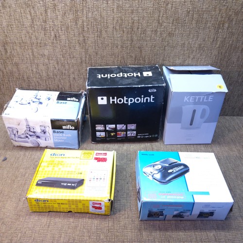 309 - Mixed boxed items including a Hotpoint steam cleaner, an air compressor and a new twin set of taps.