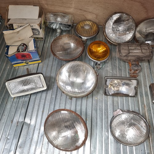 15 - Vintage car spot lights including IODE S.E.V Marchal, Lucas 7285 and Sacex.