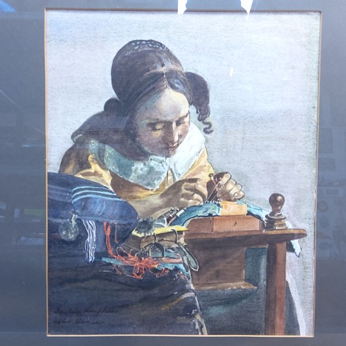 703 - Signed watercolour of an early mid-century woman sewing.