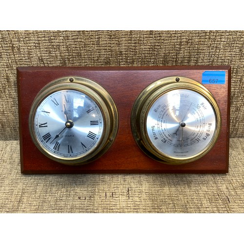 657 - Wooden and brass H.Samuel twin porthole clock and barometer.