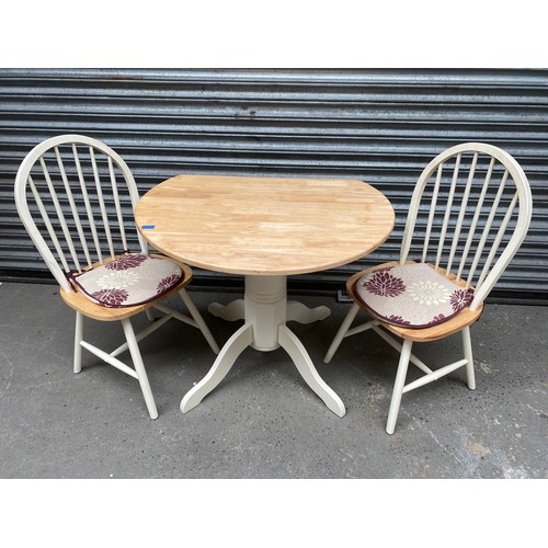 672 - shabby chic pine folding dining table with two cottage chairs.