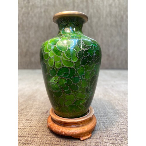 1238 - Small Cloisonné vase on a wooden base.