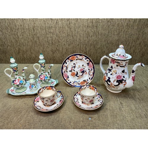 682 - Masons Mandalay Teapot with two cups and a Italian ceramic cruet set.