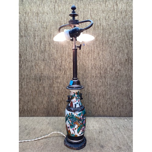 722 - Antique hand painted glazed ceramic on copper table lamp 66cm tall