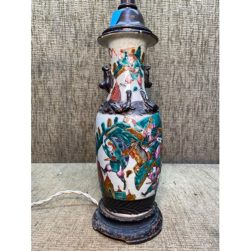 722 - Antique hand painted glazed ceramic on copper table lamp 66cm tall