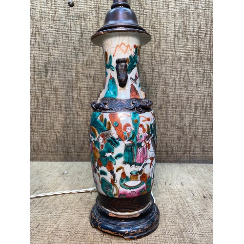 722 - Antique hand painted glazed ceramic on copper table lamp 66cm tall