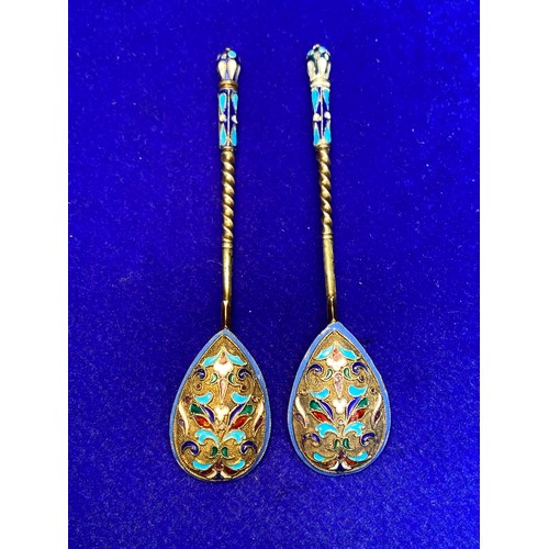 1055 - A pair of Antique Imperial Russian silver & Cloisonne enamel tea or Kvosh spoon.