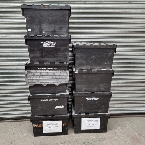 141 - 10 heavy duty stackable storage boxes.