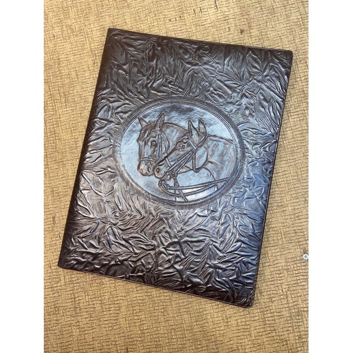 739 - Antique dark brown leather equestrian horse postcard album.