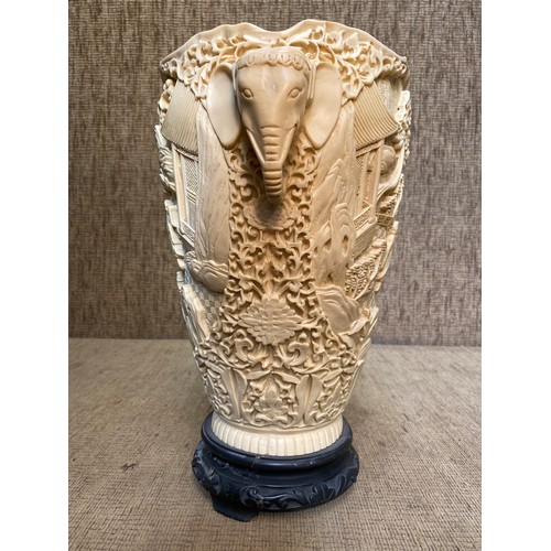 749 - Vintage Big Resin Ivory Coloured Elephant Handled Vase 30cm tall.