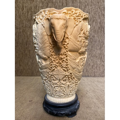 749 - Vintage Big Resin Ivory Coloured Elephant Handled Vase 30cm tall.