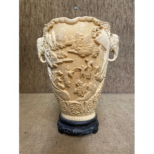 749 - Vintage Big Resin Ivory Coloured Elephant Handled Vase 30cm tall.