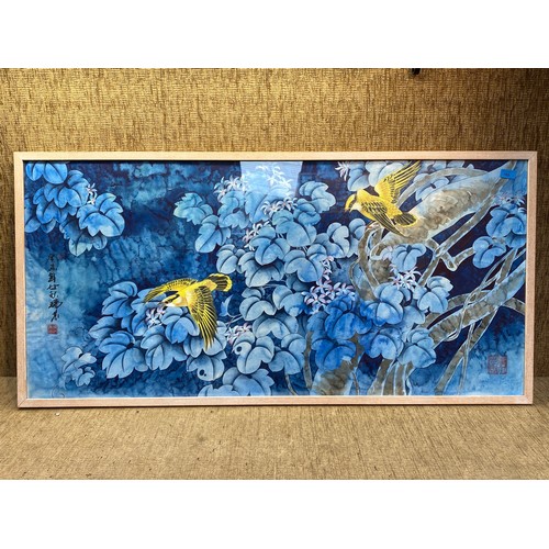 760 - Large framed Chinese Watercolour of birds and flowers 132cm x 65cm