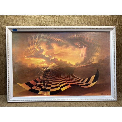 761 - A surrealist dream scape print signed Pearson 73 100cm x 68cm.