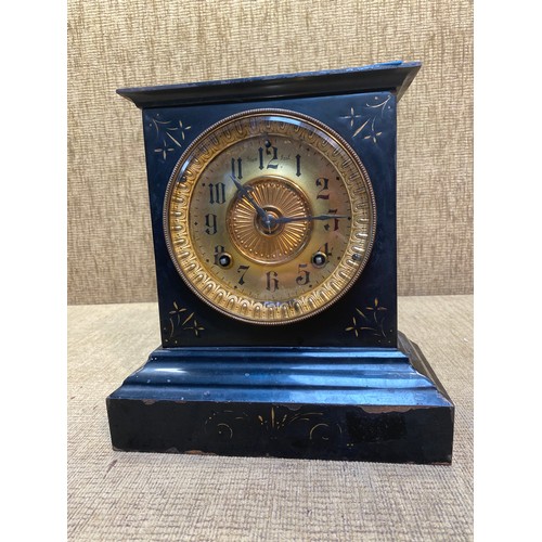 764 - Antique marble and gold gilt mantle clock with key.