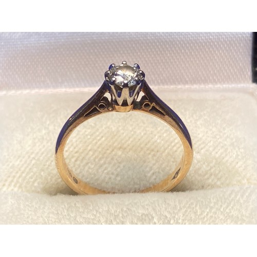 1075 - 9ct gold and round diamond engagement ring, stone .40k total weight 1.7g, size J/K. With original in... 