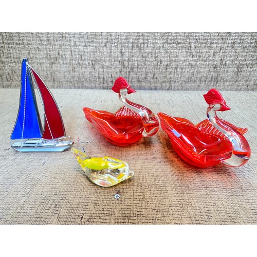 483 - Decorative household items including Studio glass animals and art deco boat .